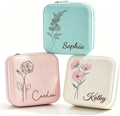 Ships Next Day, Custom Travel Jewelry Box with Name Birth Flower