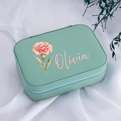 Custom Leather Jewelry Box with Name & Birth Flower Month, Birthday