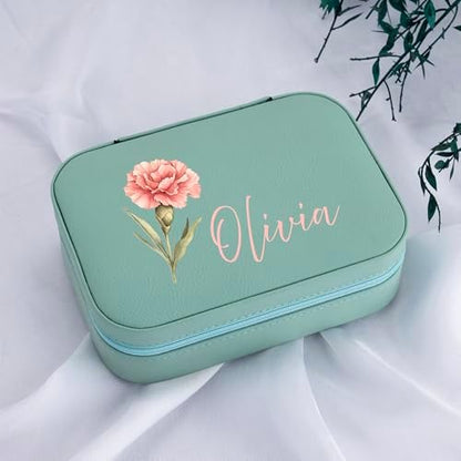 Custom Leather Jewelry Box with Name & Birth Flower Month, Birthday