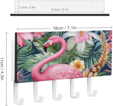 Flamingo Floral Pattern Key Holder Wall Mount PU Leather Adhesive Key