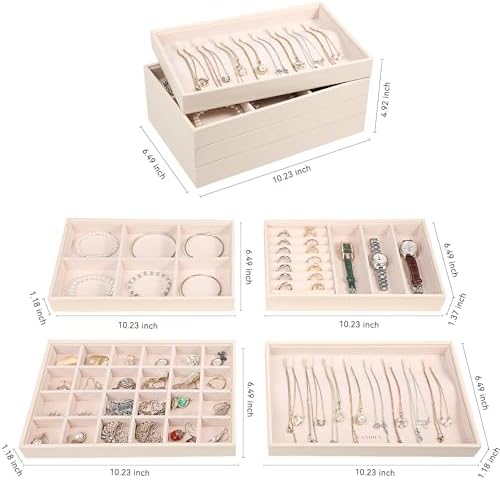 LANDICI 4-Piece Stackable PU Leather Jewelry Organizer Trays, Apricot