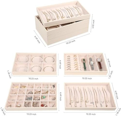 LANDICI 4-Piece Stackable PU Leather Jewelry Organizer Trays, Apricot
