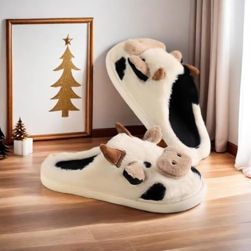 Cute Cartoon Cow Animal Fuzzy Slippers for Women,Warm Plush Winter