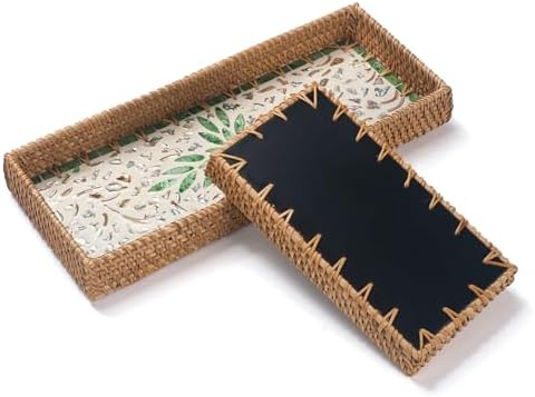 2 Pack Rattan Bathroom Vanity Tray with Mother of Pearl Inlay, Toilet