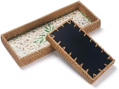 2 Pack Rattan Bathroom Vanity Tray with Mother of Pearl Inlay, Toilet