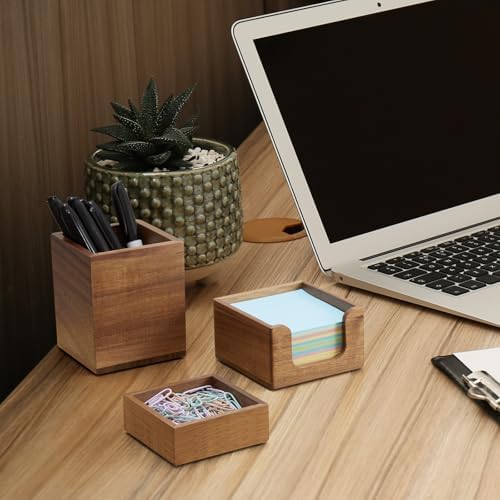 Desk Organizer Set of 3 - Acacia Wood Office Desk Accessories - Desk