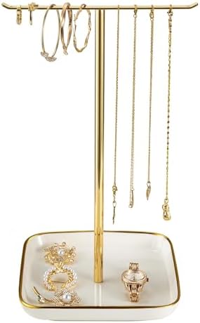 Jewelry Holder Stand with Ceramic Base: 12" Tall Necklace Organizer