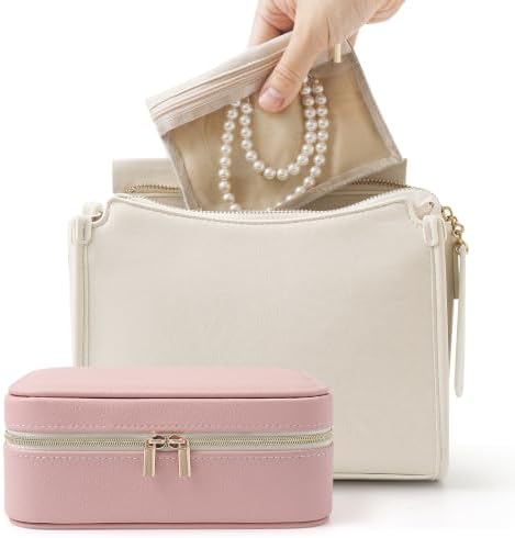 Genuine Leather Travel Jewelry Organizer Case with 6 Zipper Bags for