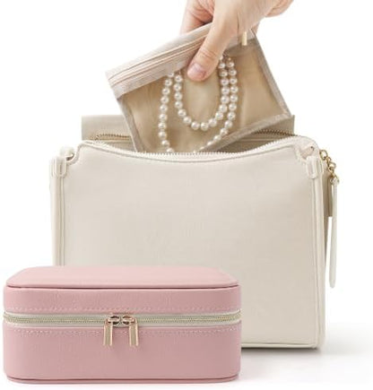 Genuine Leather Travel Jewelry Organizer Case with 6 Zipper Bags for