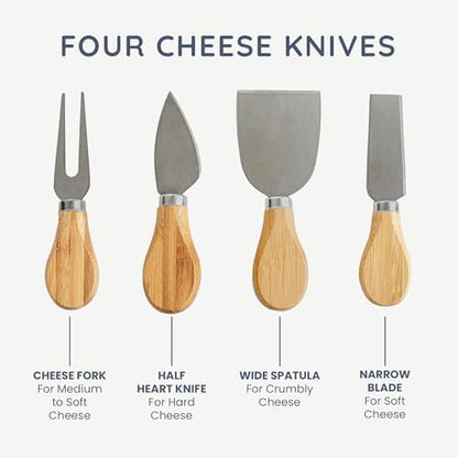 CUQOO Oak Wooden Cheese Board Set with 4 Knives Slide Out Drawer