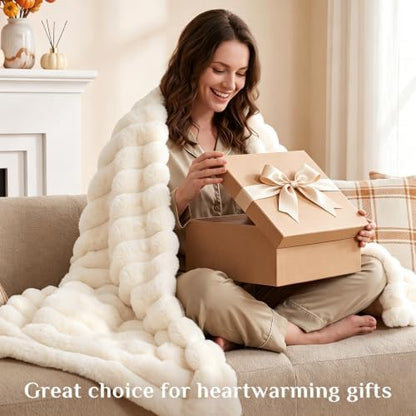 BEDELITE Faux Fur Throw Blanket for Couch, 770GSM, 50" x 60", Cream