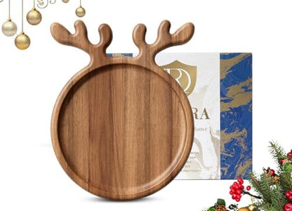 Acacia Wood Serving Platter, Christmas Decorative Reindeer Antler