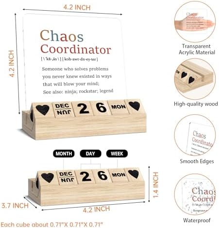 Chaos Coordinator Desk Decor Gifts, Wooden Block Perpetual Calendar