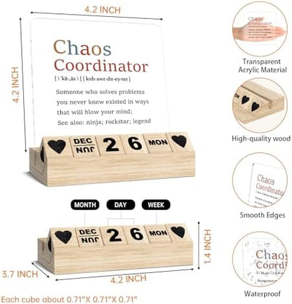 Chaos Coordinator Desk Decor Gifts, Wooden Block Perpetual Calendar
