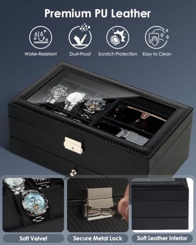 Kukikan Mens Jewelry Box Organizer, 6 Watch Slots & 3 Sunglasses -All