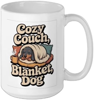 Sleepy Dachshund Coffee Lover Cozy Couch Dog Quote Ceramic Mug, White
