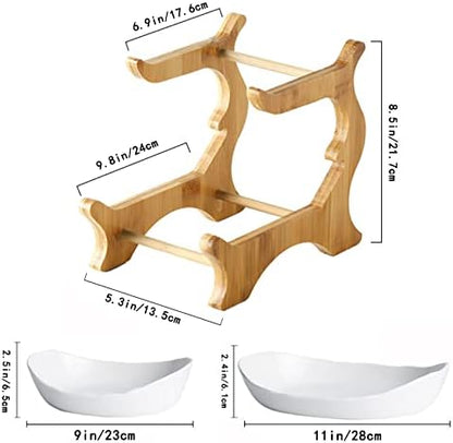 Liywall - 2 Tier Ceramic Fruit Bowl With Bamboo Wood Stand for Kitchen