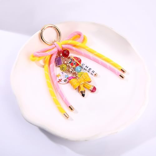 Teacher Keychain Bag Charms for Women Nylon Rope Bow Pencil Purse