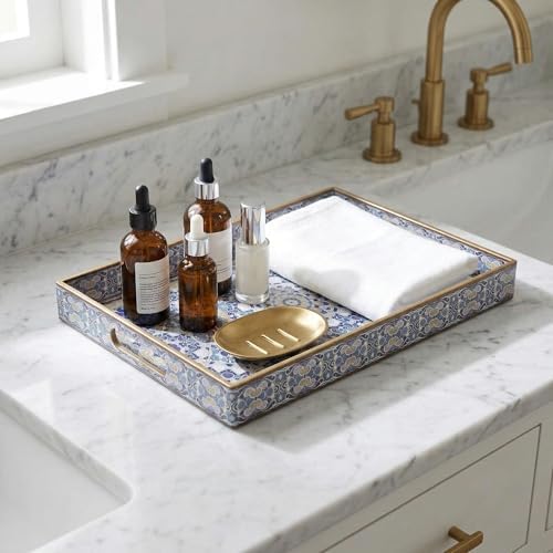 Boho Decorative Tray, Modern Blue Serving Tray with Handles, Ottoman