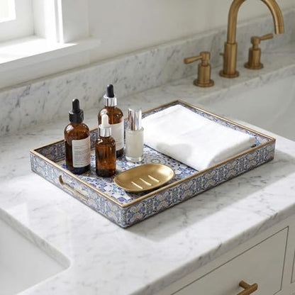 Boho Decorative Tray, Modern Blue Serving Tray with Handles, Ottoman