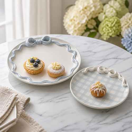 Mud Pie Bow Nested Platter Set of 2, Blue Gingham Round Serving