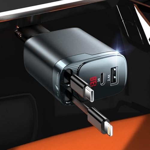 84W Retractable Car Charger, 4-in-1 Car Charger USB C Fast Charge