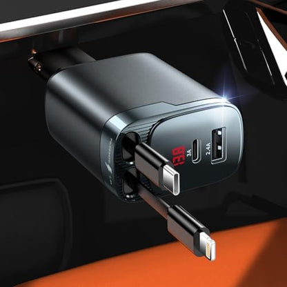 84W Retractable Car Charger, 4-in-1 Car Charger USB C Fast Charge