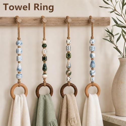 Decorative Beaded Towel Hanger with Wooden Ring - Boho Hand Towel