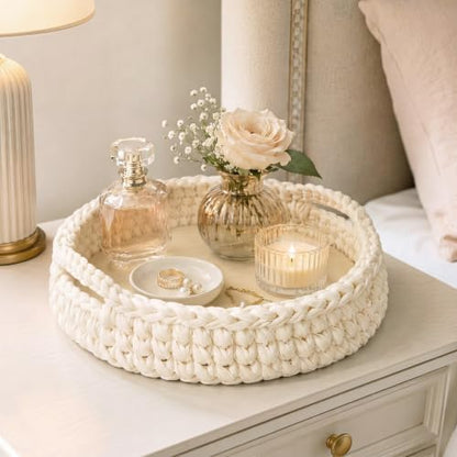 Crochet Serving Tray with Handle 12 Inch Handmade Knitted Woven Tray