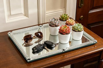 Large Mirror Perfume Tray for Dresser,Silver Crushed Diamond Filled