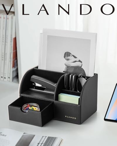 VLANDO Desk Organizer, 6-Compartment Faux Leather Desk Storage with