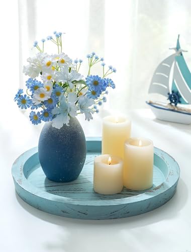 Hanobe Round Wood Candle Holder Tray, Ocean Blue Coastal Coffee Table
