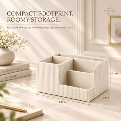 Pen Holder for Desk, 4-Compartment PU Leather Desk Organizer, Cream