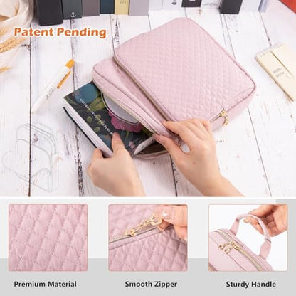 Book Sleeve with Zipper,Quilted Book Carrier with Handle & Pockets