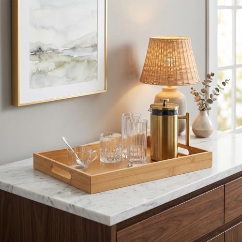 Briful Bamboo Decorative Tray with Handles - 16 x 12 Inch Rectangle