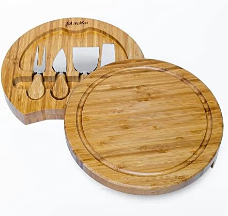 Bamboo Cheese Board and Knife Set - 10 inch Round Charcuterie Board