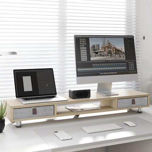 Fenge Dual Monitor Stand, 2-Tier Desk Organizer with Drawers, 42.5in