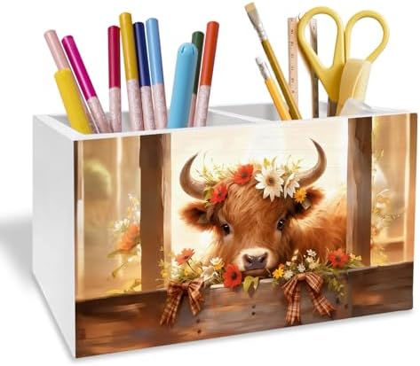 Rustic Floral Highland Cow Pen Holder for Desk, Gifts for Highland Cow