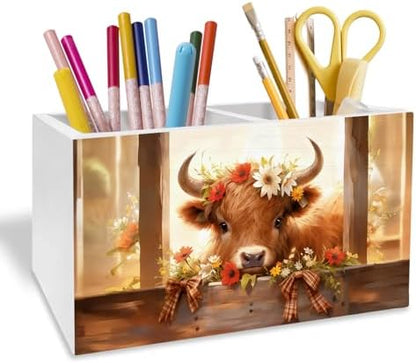 Rustic Floral Highland Cow Pen Holder for Desk, Gifts for Highland Cow