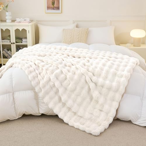 Faux Rabbit Fur Throw Blanket for Couch, Cream White Throw Blankets