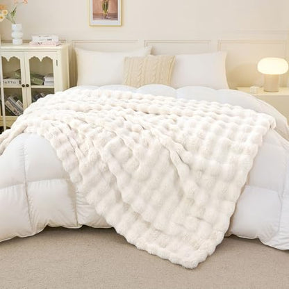 Faux Rabbit Fur Throw Blanket for Couch, Cream White Throw Blankets