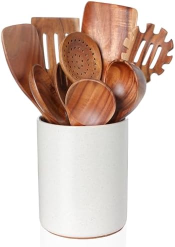 Wooden Cooking Utensils Set with Ceramic Holder,Teak Wood Utensils