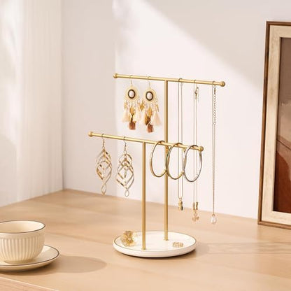 Jewelry Stand with Ceramic Tray, Necklace Holder, Gold Bar White Base