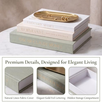 Aesthetic Decorative Books - Set of 3 with Gold Metal Tray, Linen Fake
