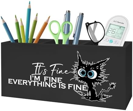 Funny Cute Black Cat Pencil Pen Holder for Desk, I'm Fine Everything