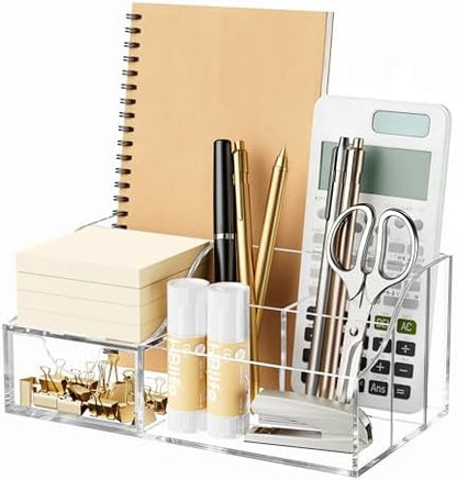 HBlife Acrylic Desk Organizer with Drawer, Pen & Pencil Holder