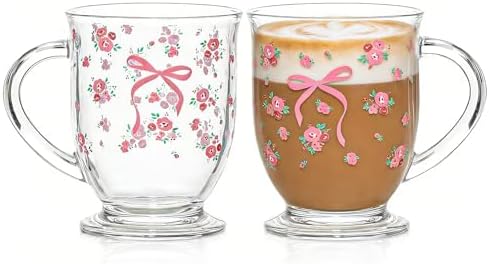 KEMORELA Pink Bow Glass Coffee Mugs Set,Cute Tea Cup with Handle,Gifts