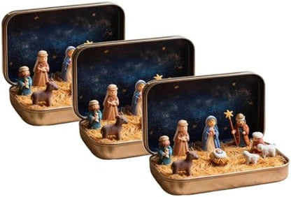 2026 New 3PCS Christmas Mini Nativity Set in a Tin Box, Nativity