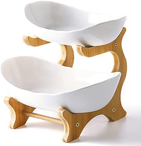 Liywall - 2 Tier Ceramic Fruit Bowl With Bamboo Wood Stand for Kitchen