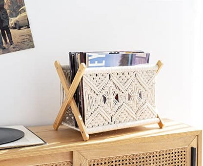 Mkono Macrame Magazine Holder, Boho Woven Book Rack Basket, 14" L x